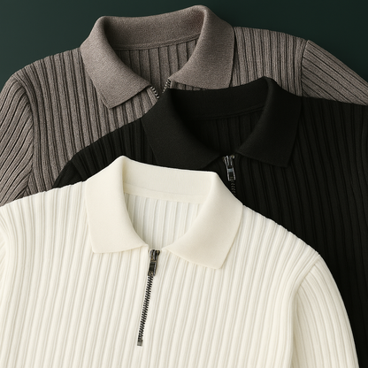 Three ribbed quarter-zip polo sweaters layered together in white, black, and gray colorways showing collar and zipper detail.