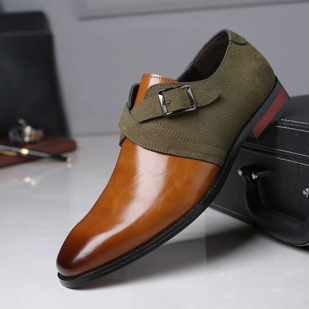 Men's tan leather and olive green suede monk strap loafers with silver buckle and red accent sole