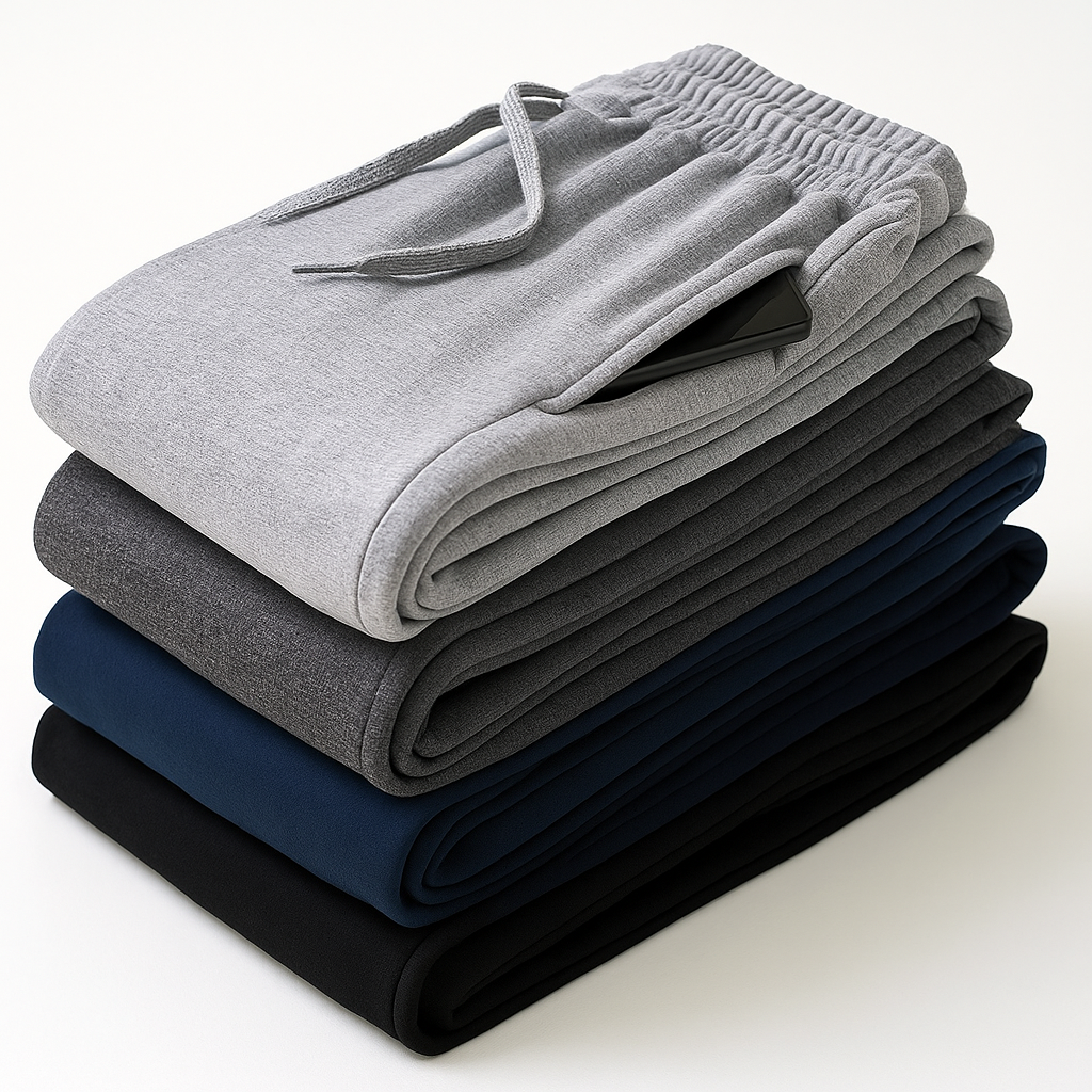 Stack of four folded men's cotton drawstring joggers in light gray, dark gray, navy, and black with phone pocket visible.