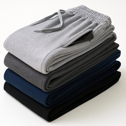 Stack of four folded men's cotton drawstring joggers in light gray, dark gray, navy, and black with phone pocket visible.