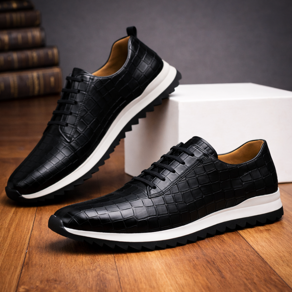 Black croc-embossed leather men's lace-up sneakers with white midsole displayed on wood surface against gray background.