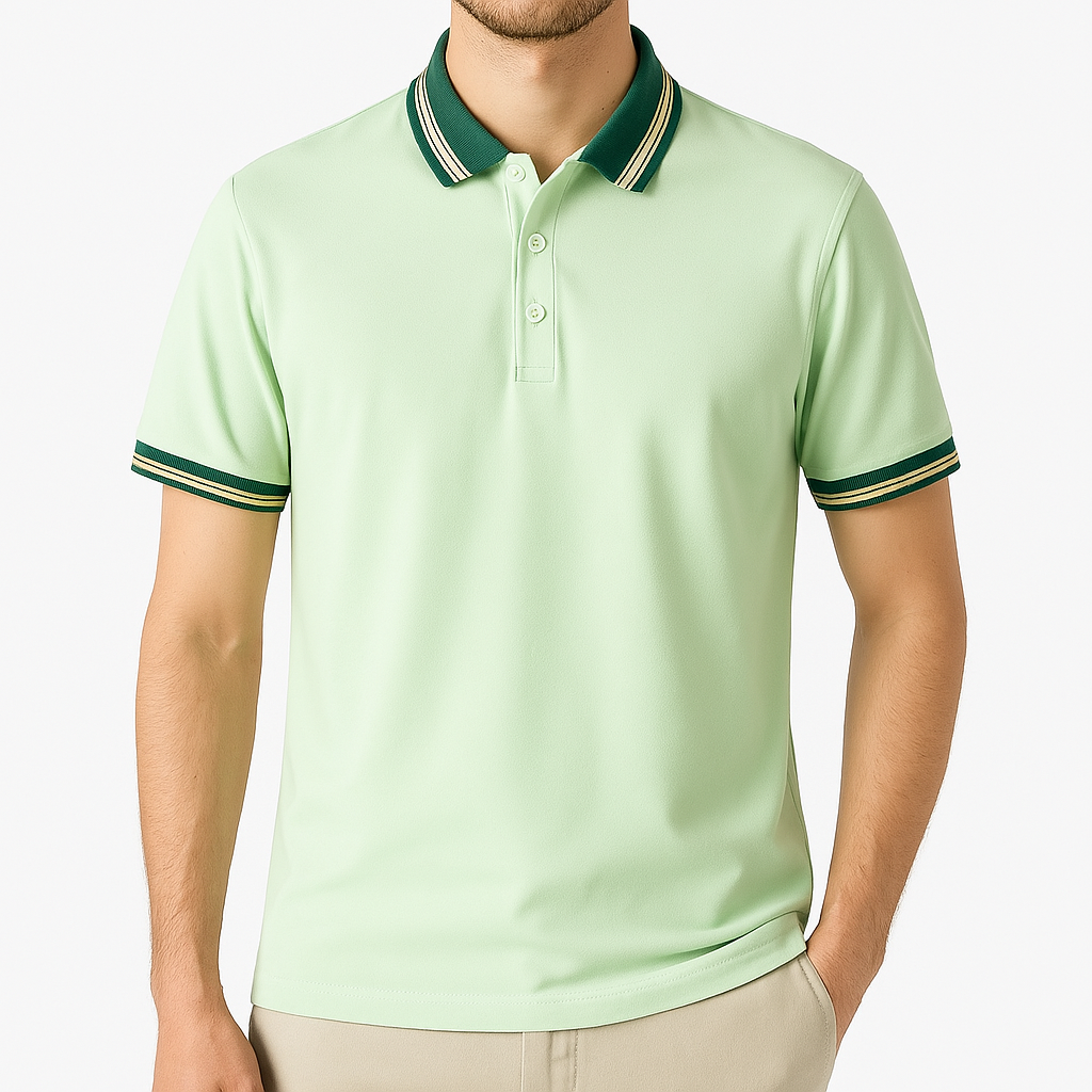 Men's mint green polo shirt with dark green and cream tipped collar and sleeve cuffs, two-button placket