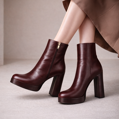 Burgundy Italian leather women's ankle boots with block heel, platform sole, and gold side zipper closure