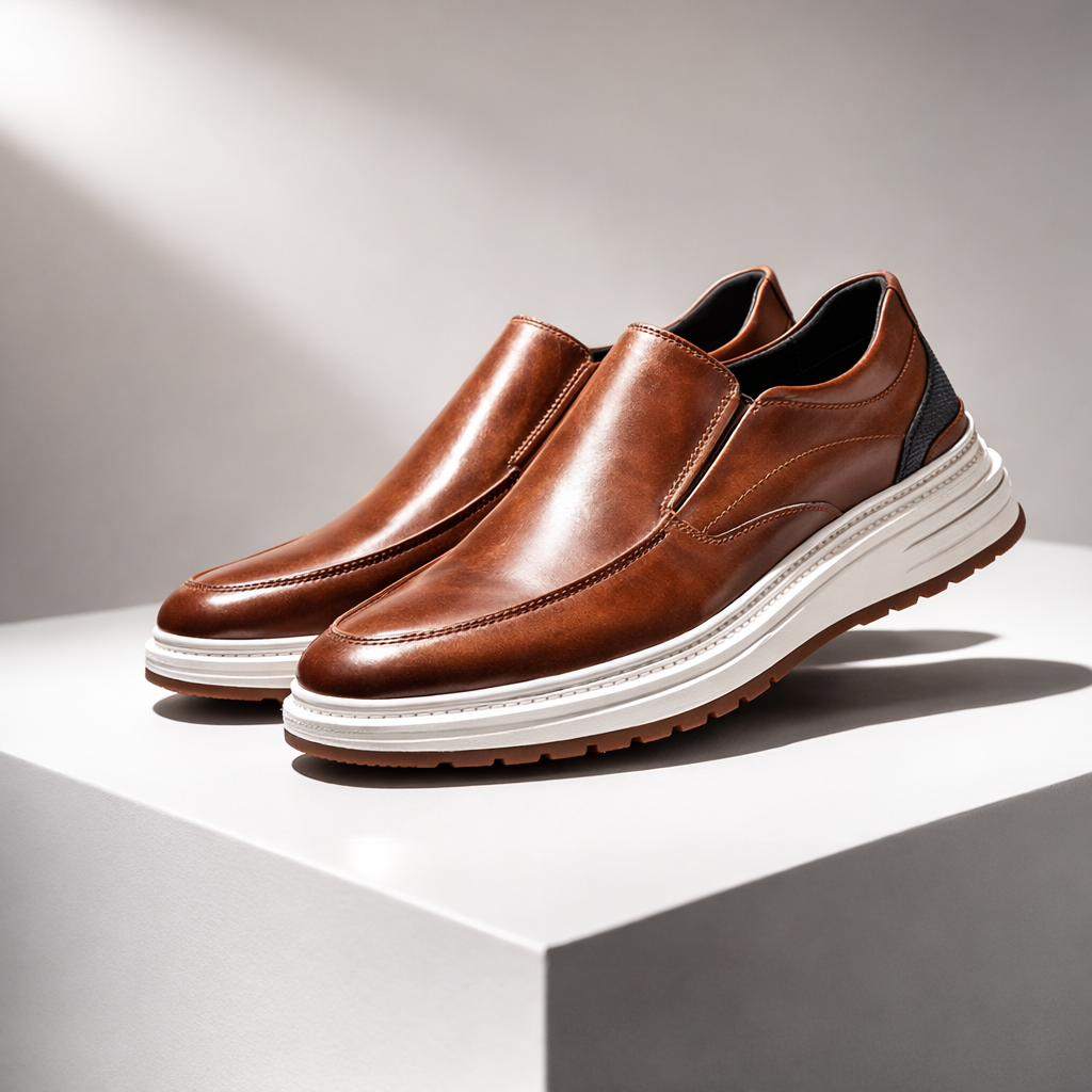 Men's brown leather slip-on loafers with white platform sole and textured rubber tread on white display