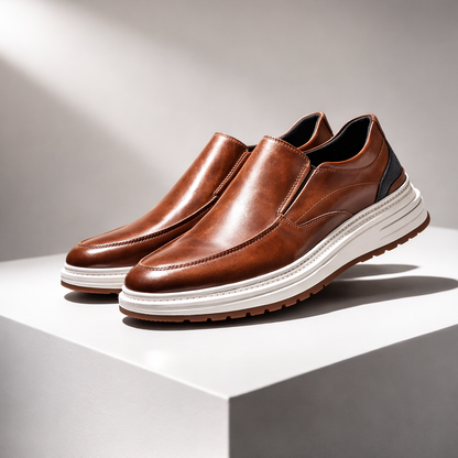Men's brown leather slip-on loafers with white platform sole and textured rubber tread on white display