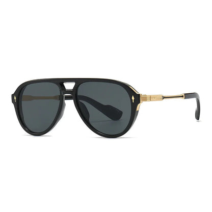 Black aviator sunglasses with gold metal temples, double bridge frame, and dark gray gradient lenses for men