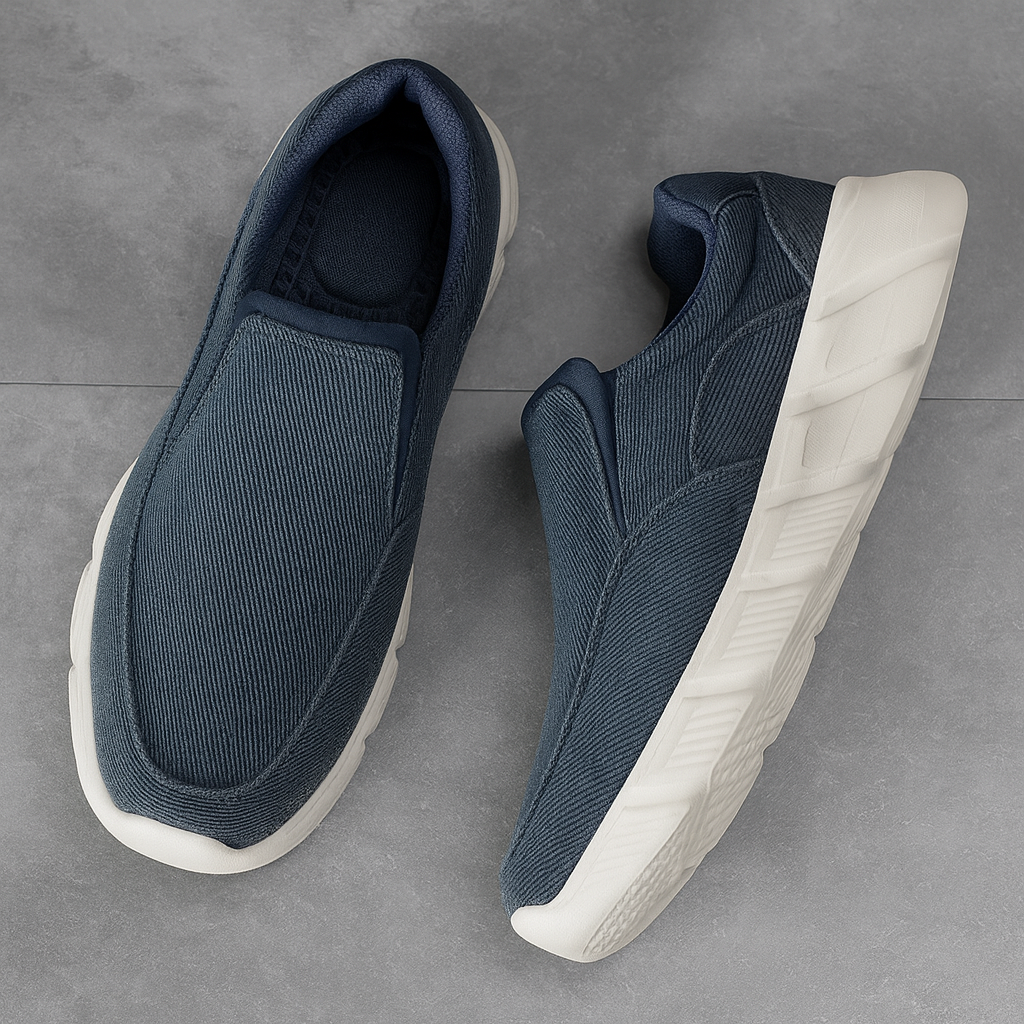 Navy blue corduroy slip-on sneakers for men with white textured sole, shown as a pair on gray background.