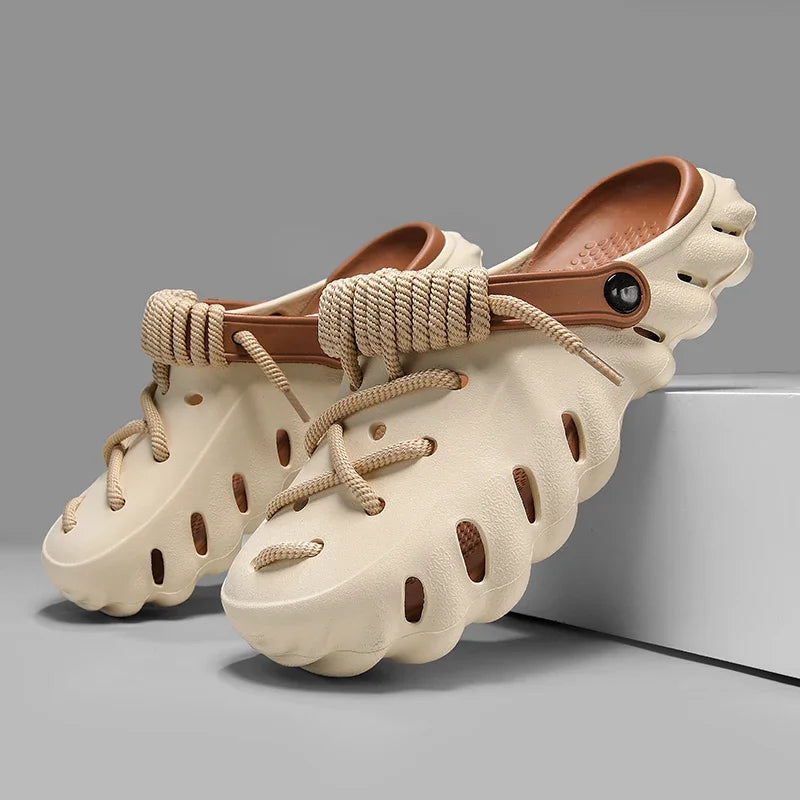 Beige cushioned foam clog shoes with decorative rope laces and ventilation holes for men