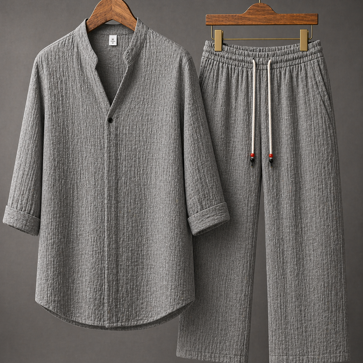 Men's gray textured cotton linen matching shirt and wide-leg pants set with drawstring waist on wooden hangers