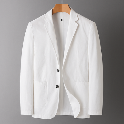White men's nylon two-button blazer with notch lapel and front pockets on wooden hanger