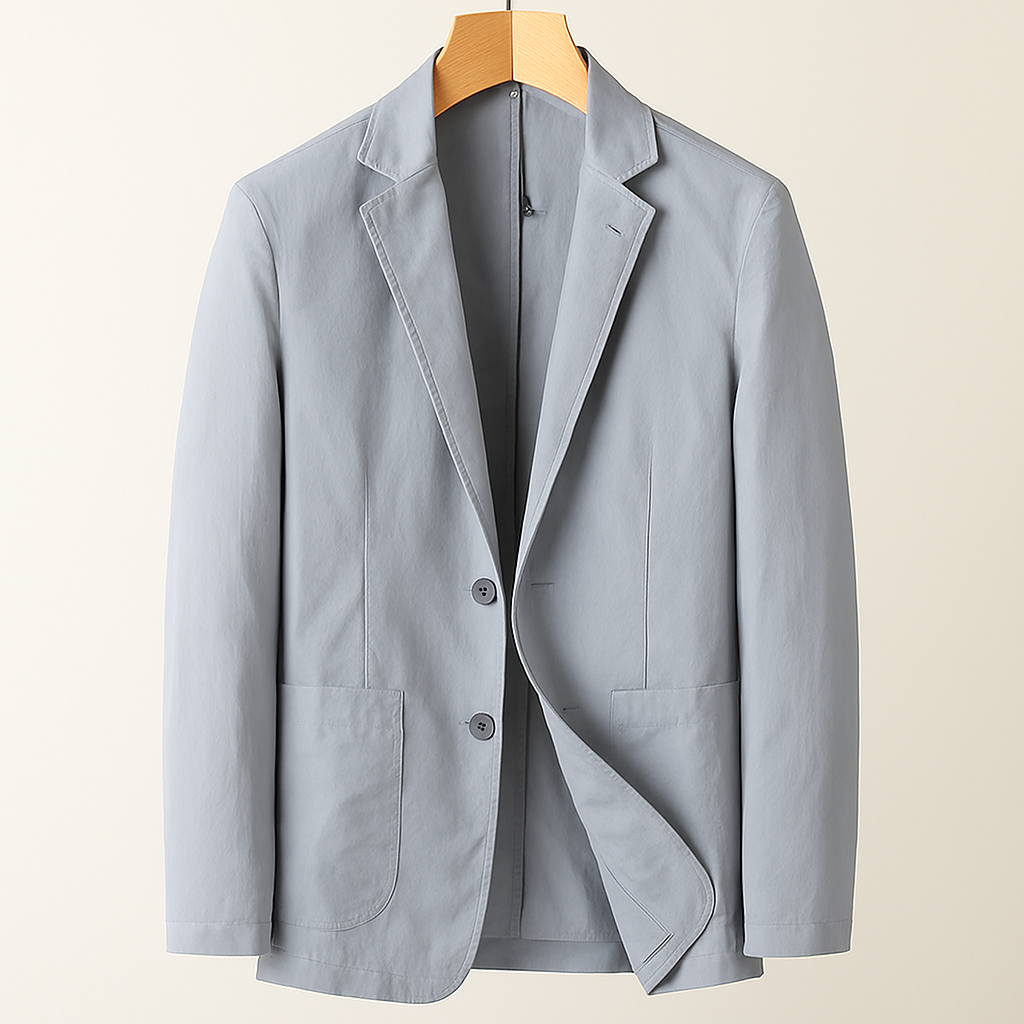 Men's light gray nylon two-button blazer with notch lapels and front pockets on wooden hanger