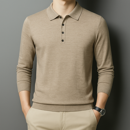 Men's beige merino wool long sleeve polo sweater with ribbed cuffs and collar button placket