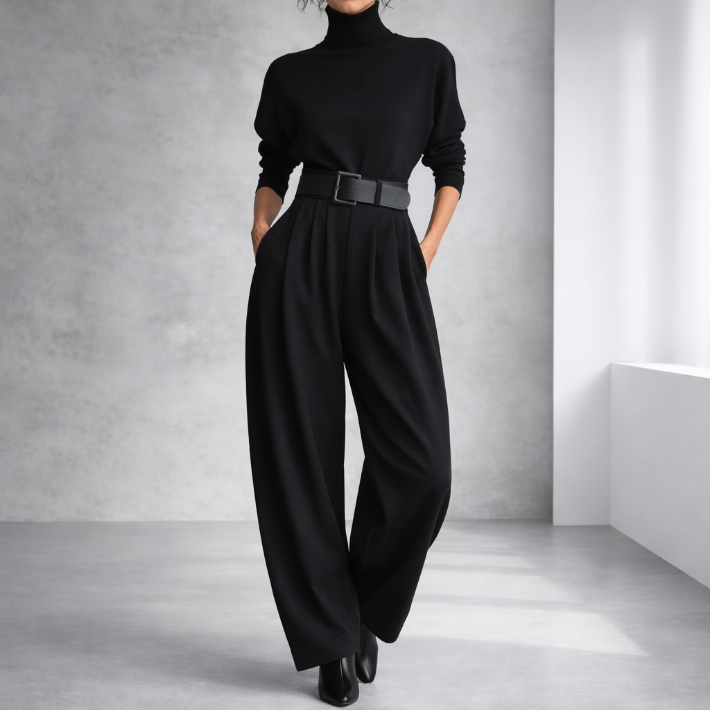Women's black turtleneck sweater and wide-leg pleated pants set with leather belt and block heels