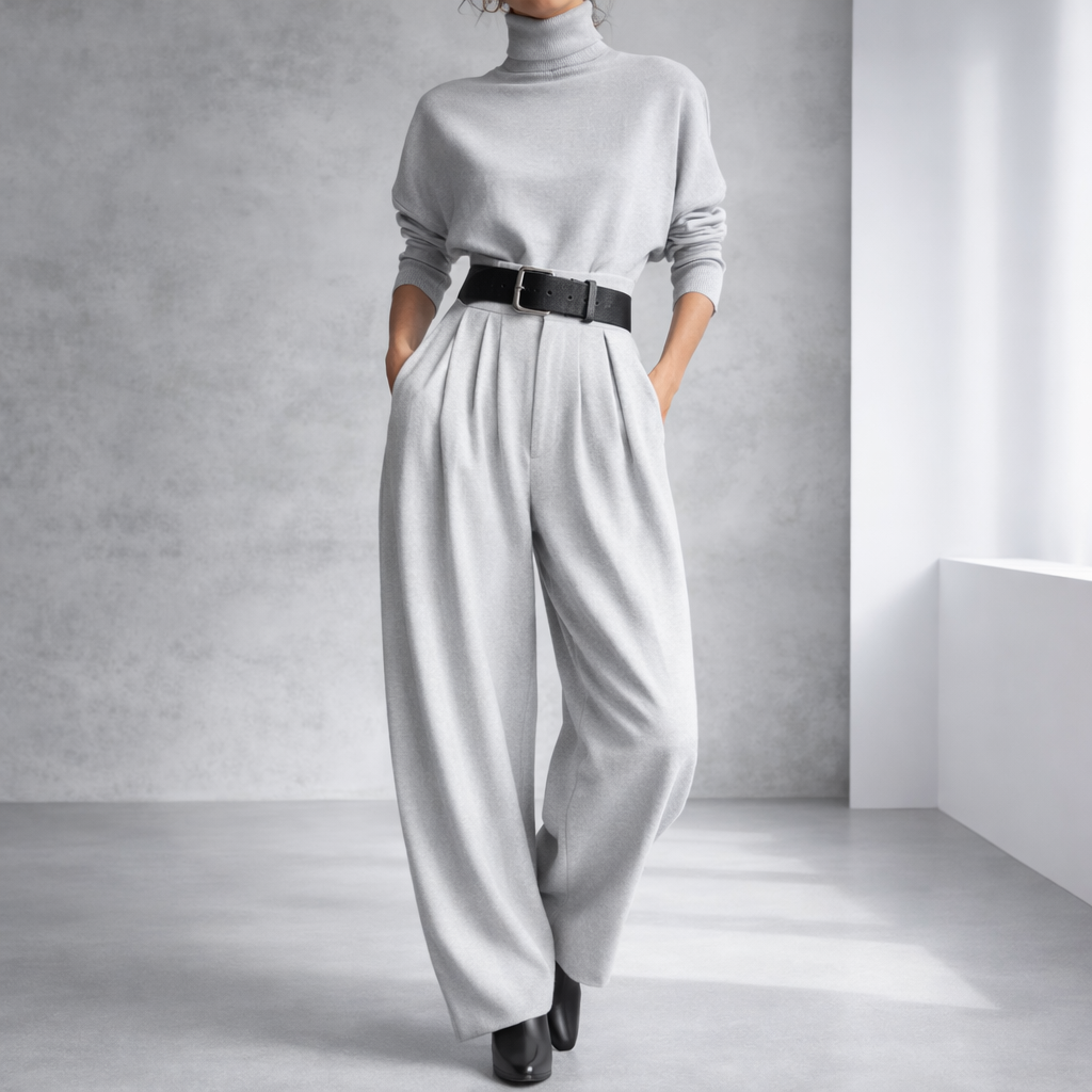 Women's gray turtleneck sweater and high-waisted wide-leg pants outfit with black belt and boots