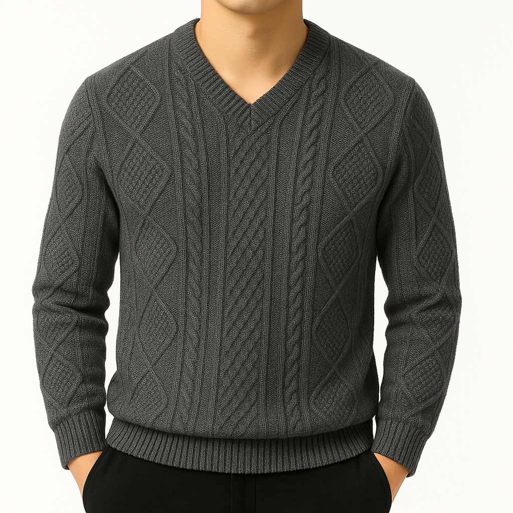Dark gray men's cable knit v-neck wool sweater with diamond patterns, ribbed cuffs and hem, long sleeves.