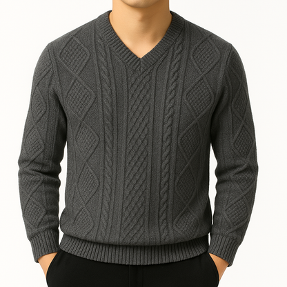 Dark gray men's cable knit v-neck wool sweater with diamond patterns, ribbed cuffs and hem, long sleeves.
