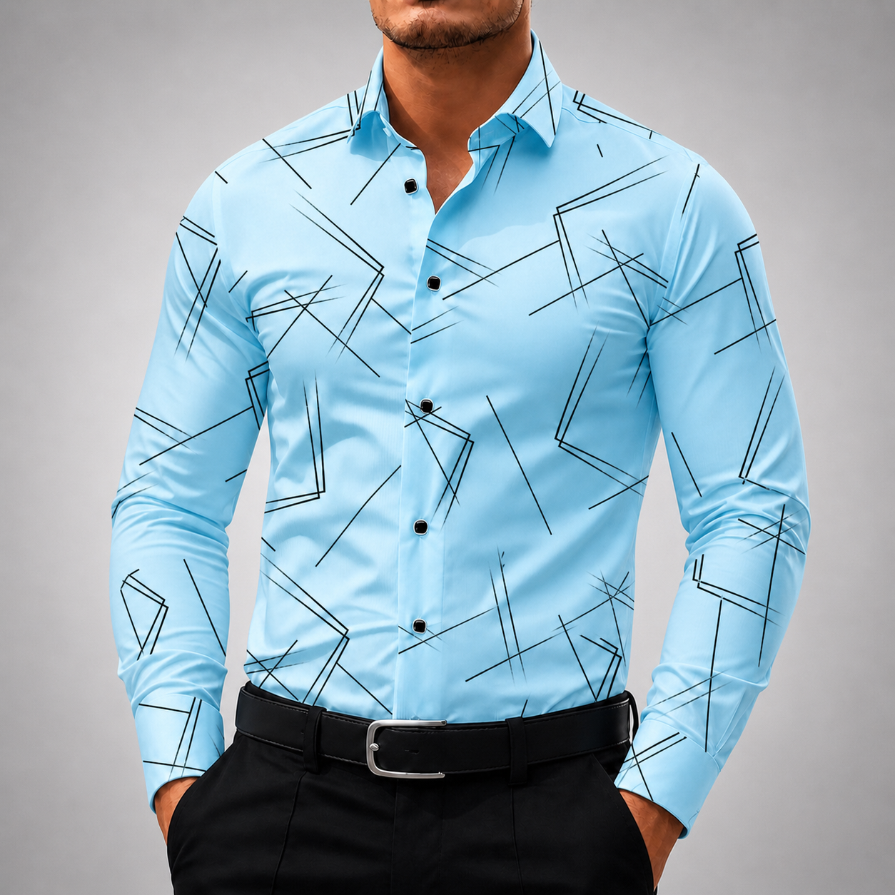 Light blue men's dress shirt with black geometric triangle line pattern and black buttons