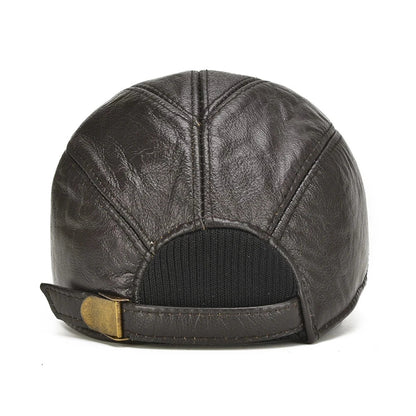 Back view of dark brown leather baseball cap showing panel stitching, mesh opening, and brass adjustable buckle strap.