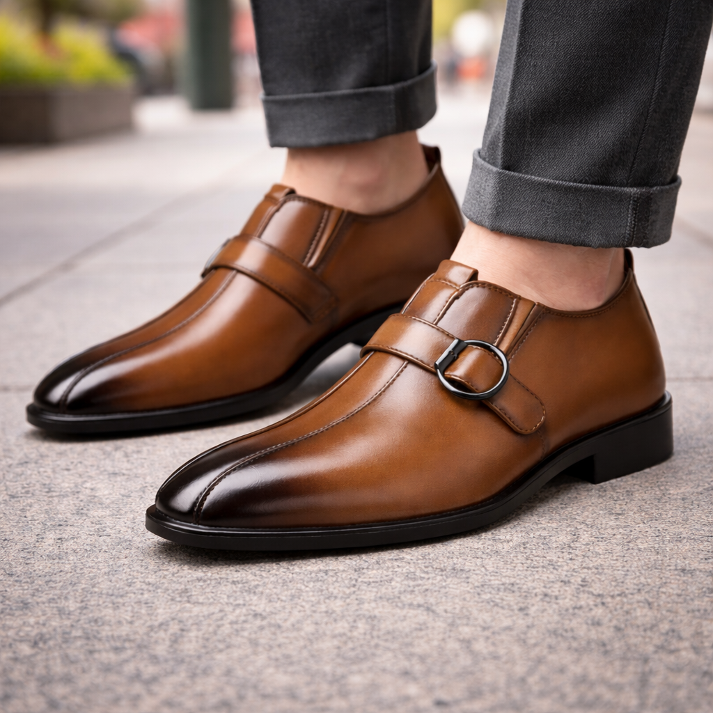 Brown leather double monk strap dress shoes with black buckles, paired with cuffed gray trousers on a sidewalk.