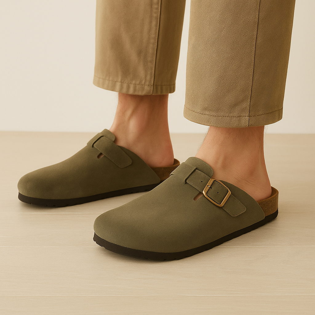 Men's olive green suede slip-on clogs with gold buckle detail and dark sole, styled with khaki trousers.
