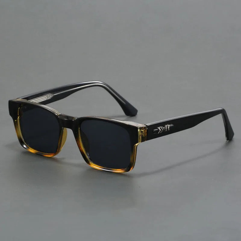 Men's square frame UV400 sunglasses with black-to-amber gradient acetate frames and dark gray lenses