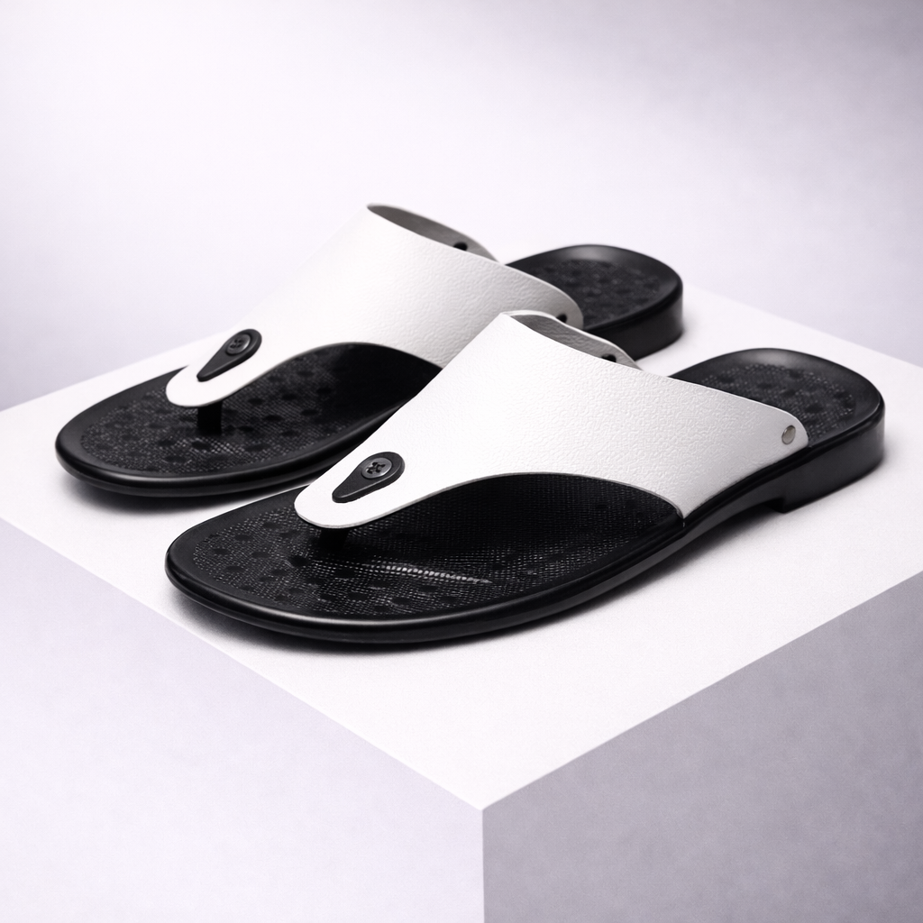 Black and white leather thong flip-flop sandals for men on white display platform