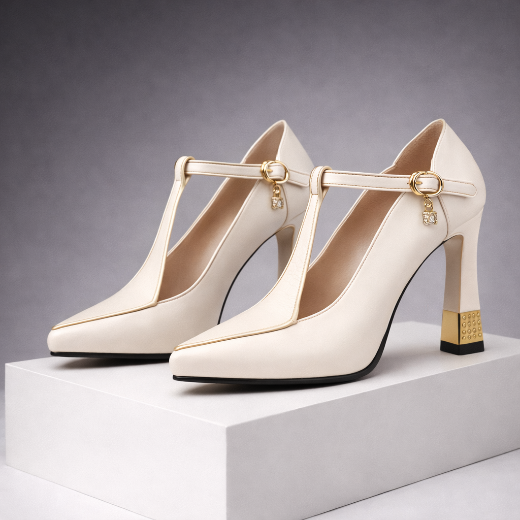 Elegant white T-strap block heel pumps with gold buckle and decorative charm for women formal occasions