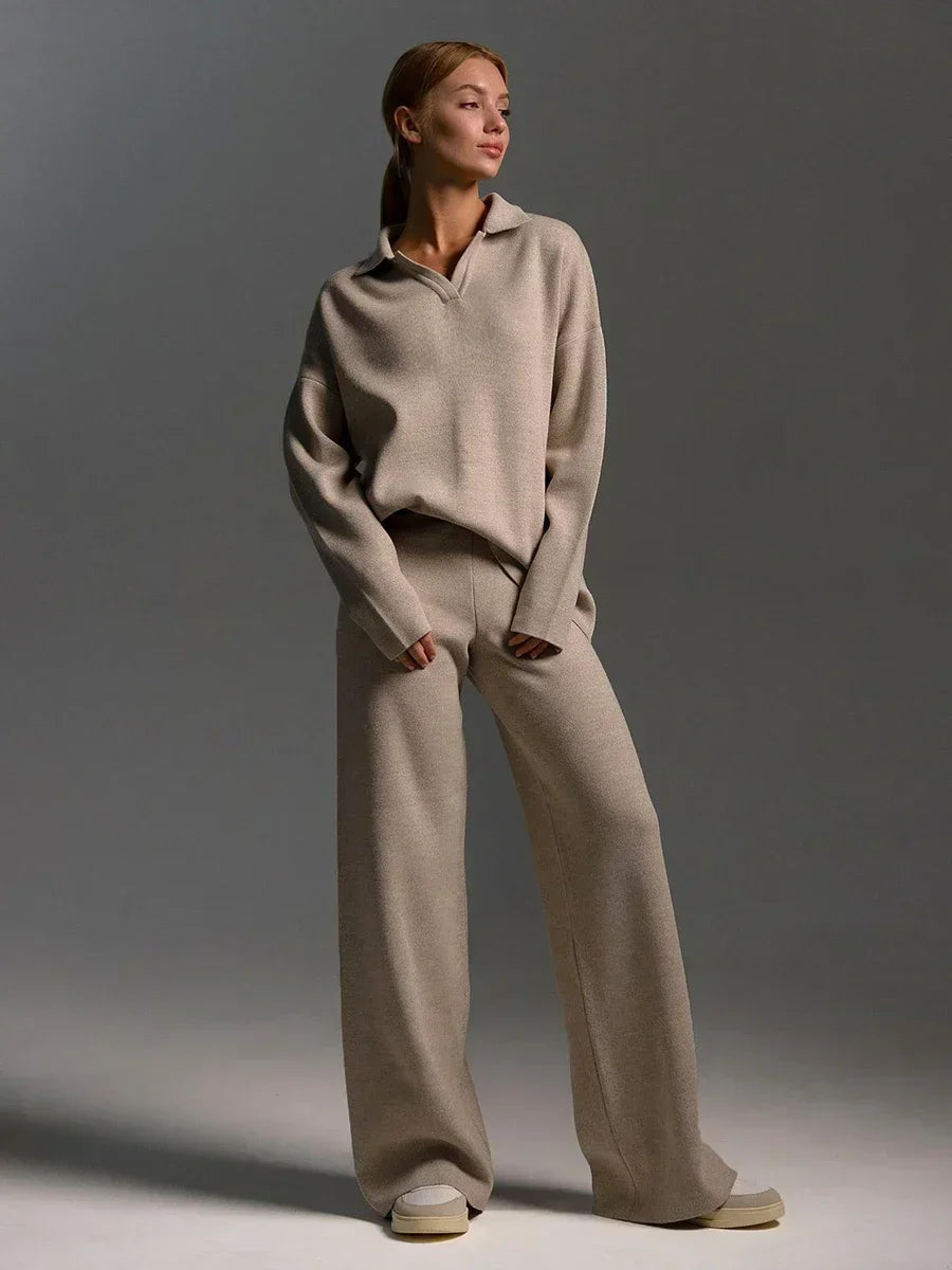 Women's beige collared knit sweatshirt and wide-leg pants loungewear set in neutral tan color