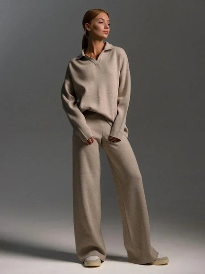 Women's beige collared knit sweatshirt and wide-leg pants loungewear set in neutral tan color