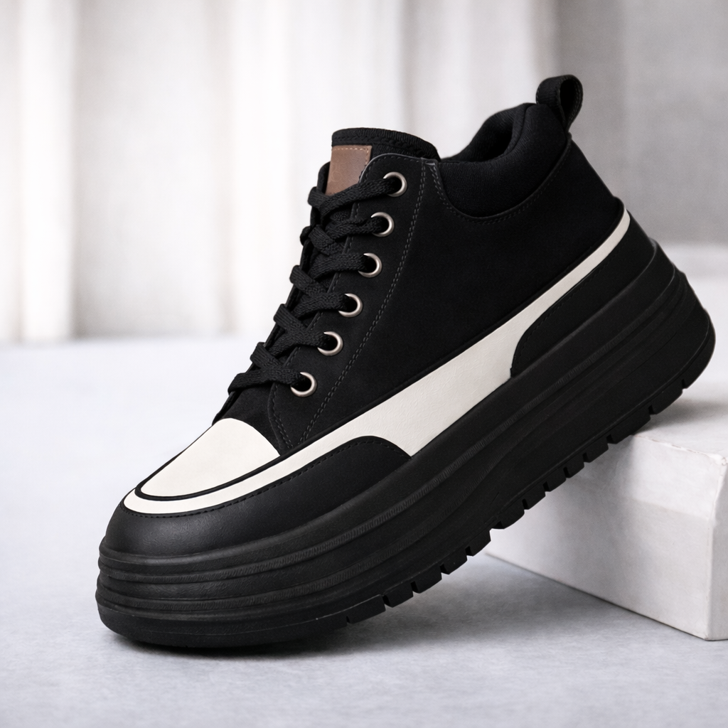 Black platform lace-up sneakers with white midsole stripe, chunky sole, and suede upper, displayed on white block.