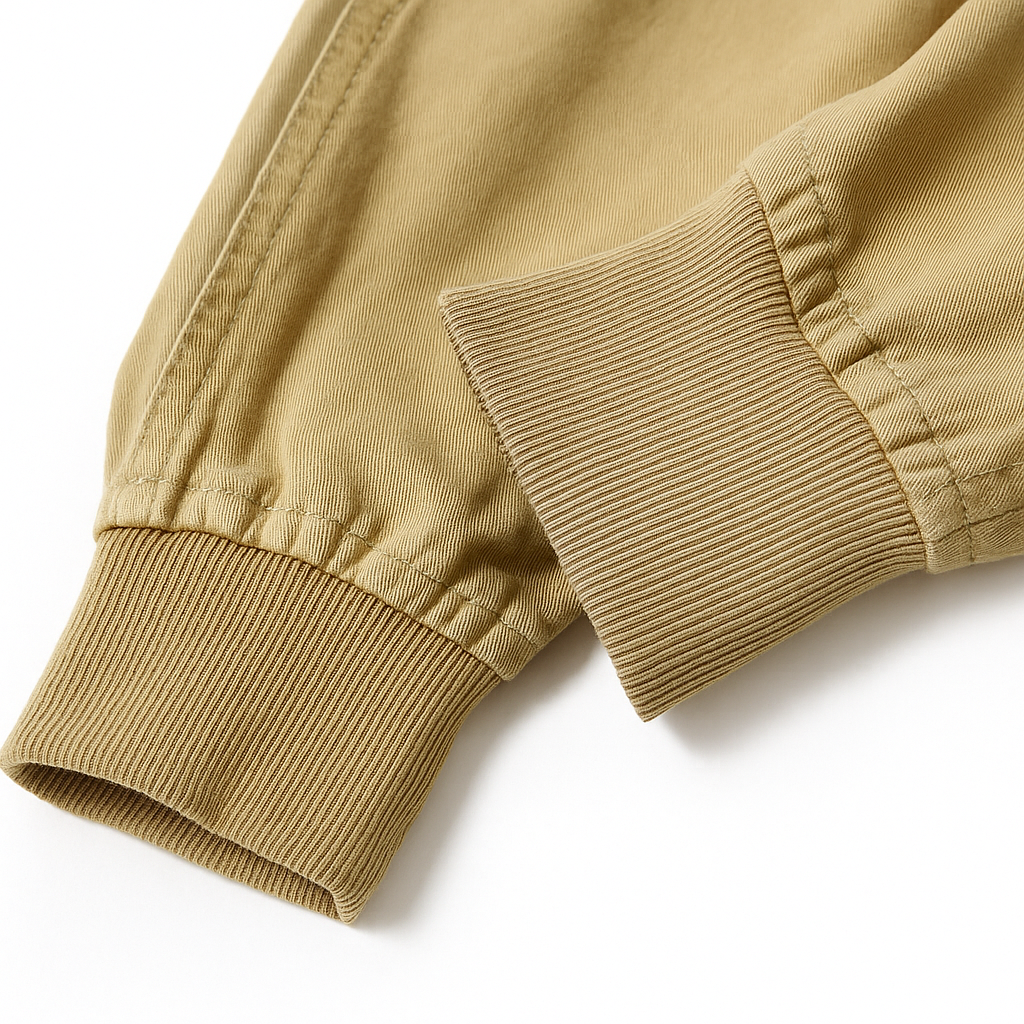 Khaki slim-fit cotton cargo joggers featuring ribbed elastic cuffs and twill fabric detail at the ankle hem.