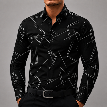 Black slim-fit men's button-up shirt with white geometric line print, long sleeves, worn with black pants and belt.