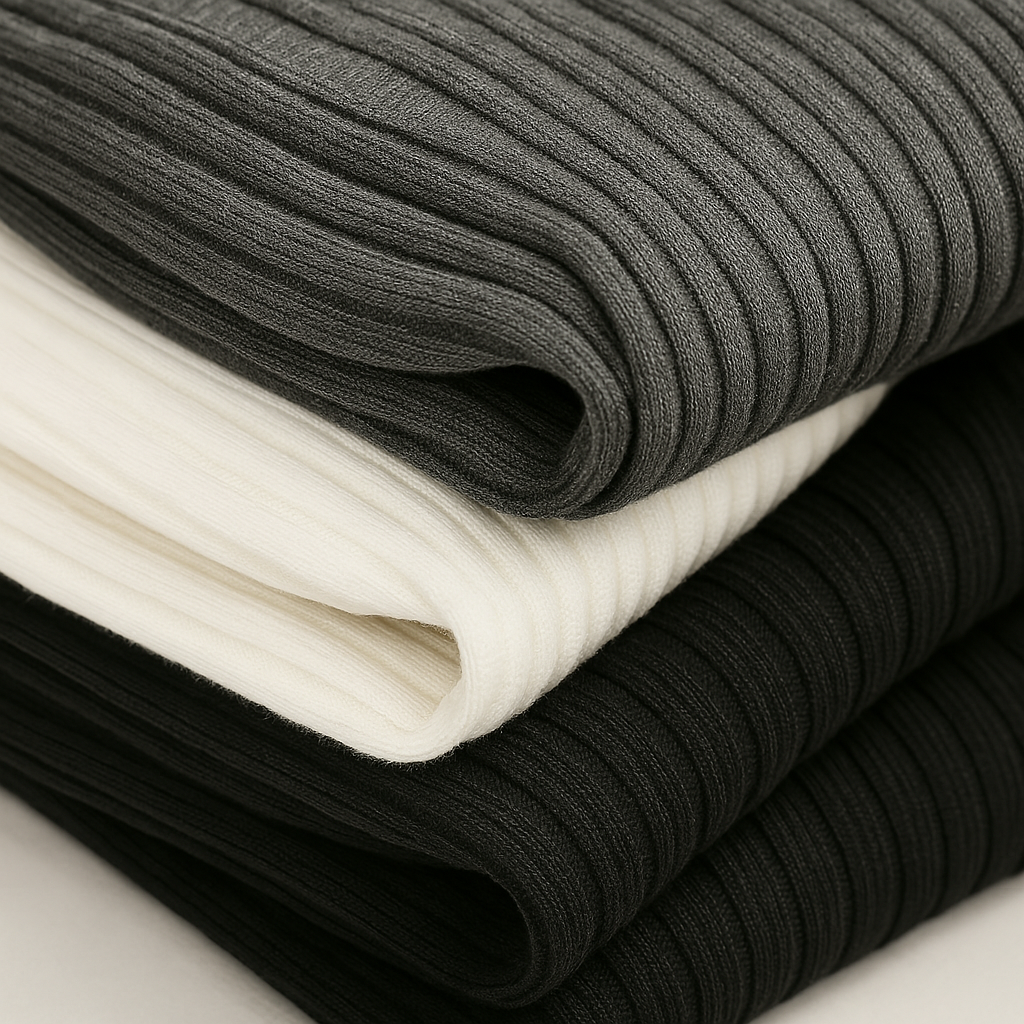Three folded ribbed knit fabrics stacked in charcoal gray, cream white, and black colorways showing texture detail.