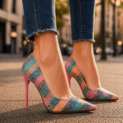 Women's pointed-toe stiletto heels in colorful mosaic pattern with pink heel, paired with cropped frayed jeans on city street.