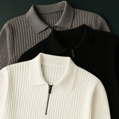 Three ribbed cotton quarter-zip sweaters for men in white, black, and gray, displayed flat on dark background.
