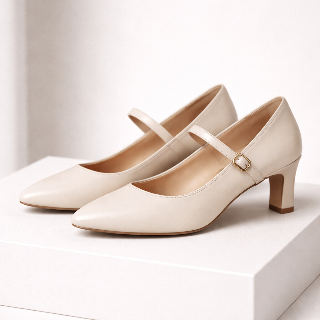 Cream leather Mary Jane block heel pumps with pointed toe and gold buckle strap, displayed on white surface.