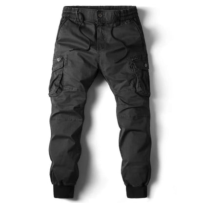 Dark gray men's slim-fit cargo jogger pants with elastic waistband, drawstring, side pockets, and ribbed cuffs.