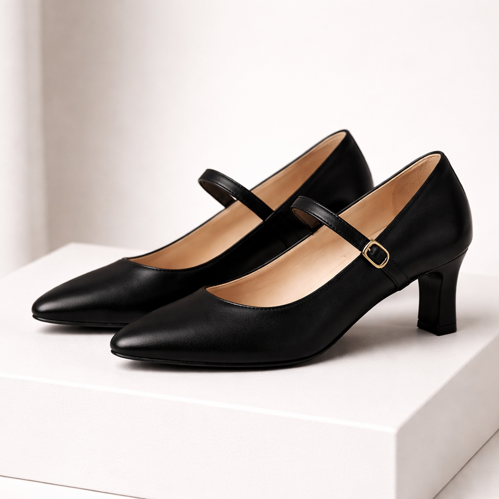 Black leather Mary Jane block heel pumps with pointed toe, ankle strap, gold buckle, and nude insole on white surface.