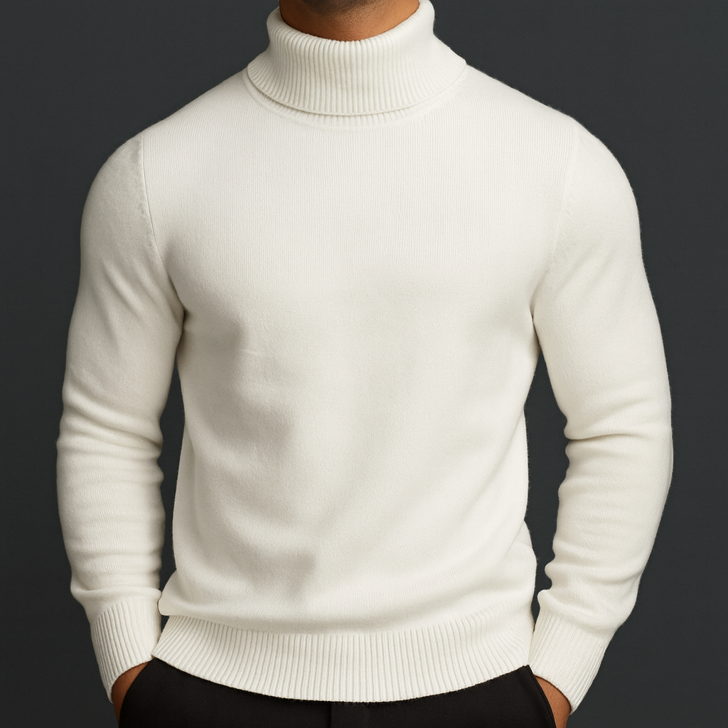 Cream white merino wool turtleneck sweater for men with ribbed collar cuffs and hem on gray background