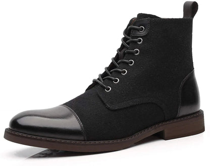 Black men's lace-up ankle boots with polished leather cap toe, wool upper, silver eyelets, and brown sole.