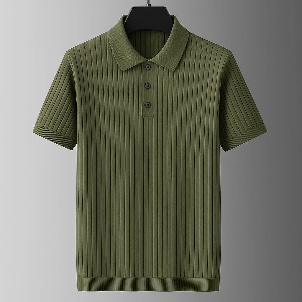 Army green ribbed knit cotton men's polo shirt with short sleeves, three buttons, and spread collar on hanger