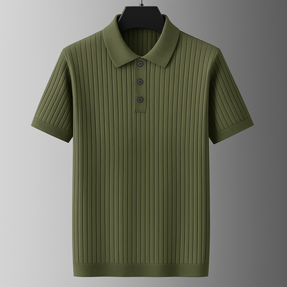 Army green ribbed knit cotton men's polo shirt with short sleeves, three buttons, and spread collar on hanger