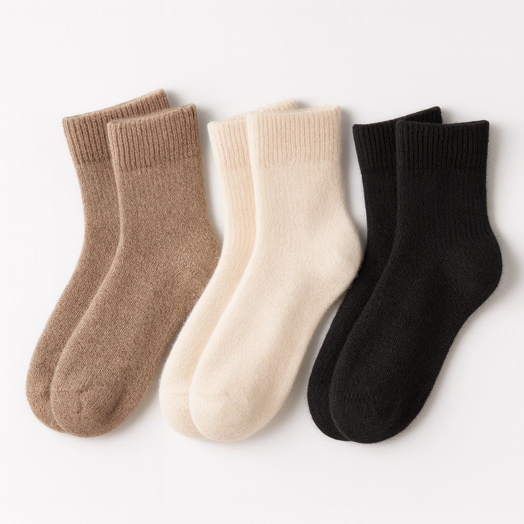 Three pairs of women's cashmere crew socks in tan, cream, and black displayed flat on white background.