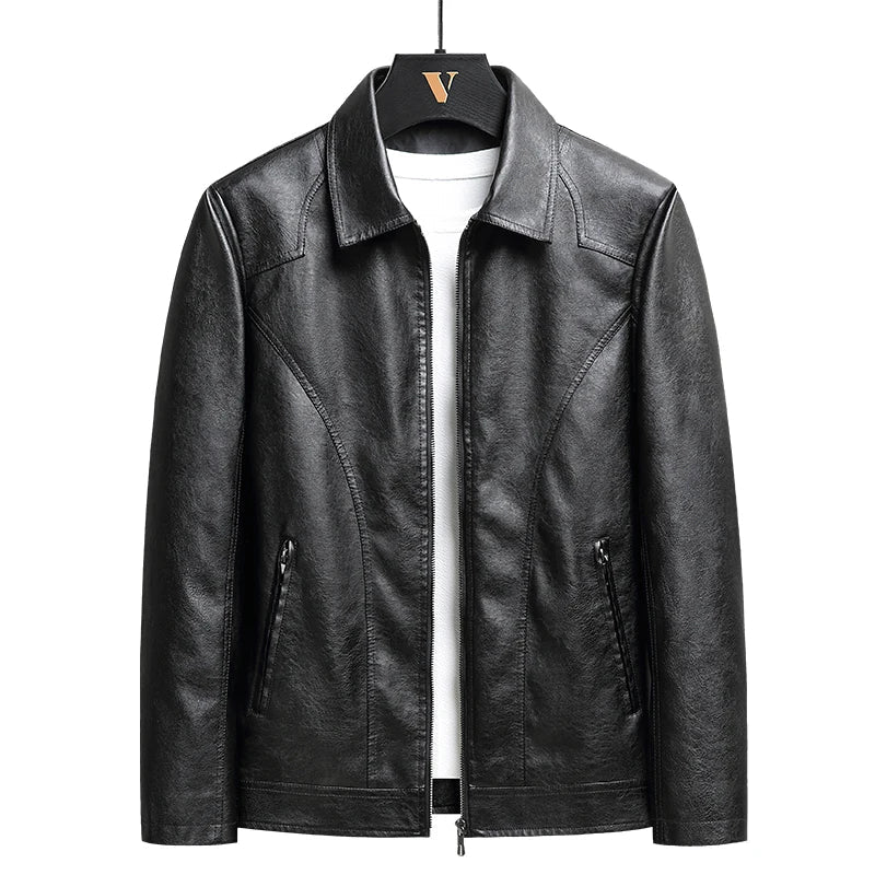 Black leather zip-up jacket for men with collar and zipper pockets on hanger