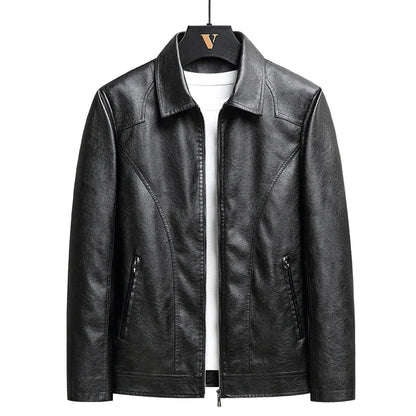 Black leather zip-up jacket for men with collar and zipper pockets on hanger