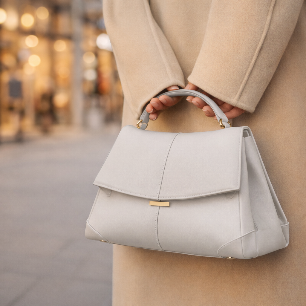 Woman in beige coat holding a structured light gray leather top handle handbag with gold hardware accents.