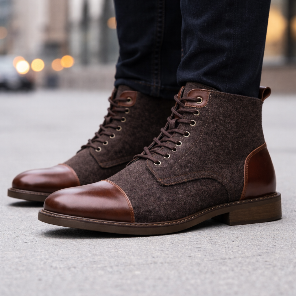 Men's brown leather cap toe ankle boots with lace-up design and wool upper on urban street