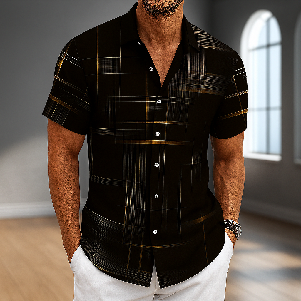 Men's black short sleeve button-up shirt with gold and white striped pattern and collar