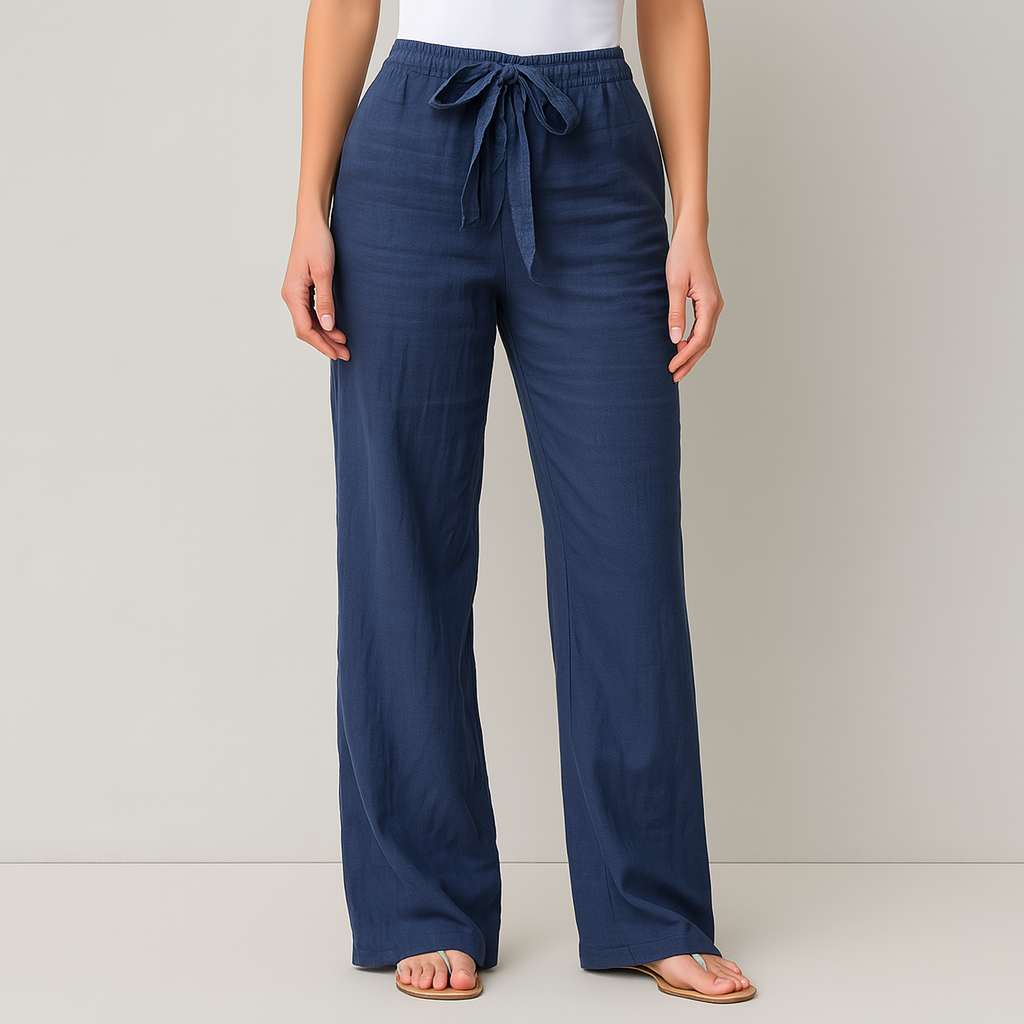 Women's navy blue linen wide-leg drawstring pants with elastic waistband and bow tie closure