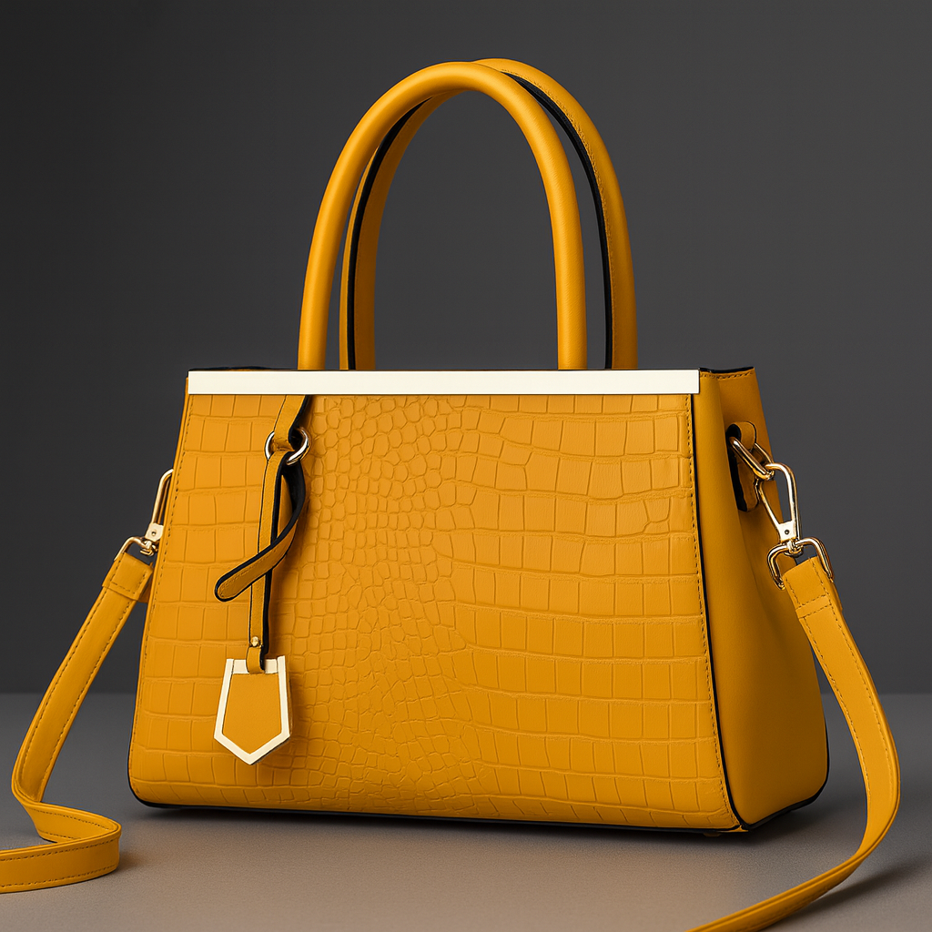 Mustard yellow croc-embossed structured leather handbag with dual handles, gold hardware, and detachable crossbody strap